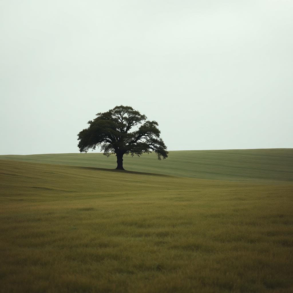 A single oak tree on rolling rural land